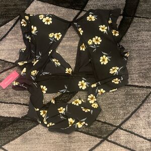 Xhilaration Black Crop Top with Yellow Floral Design